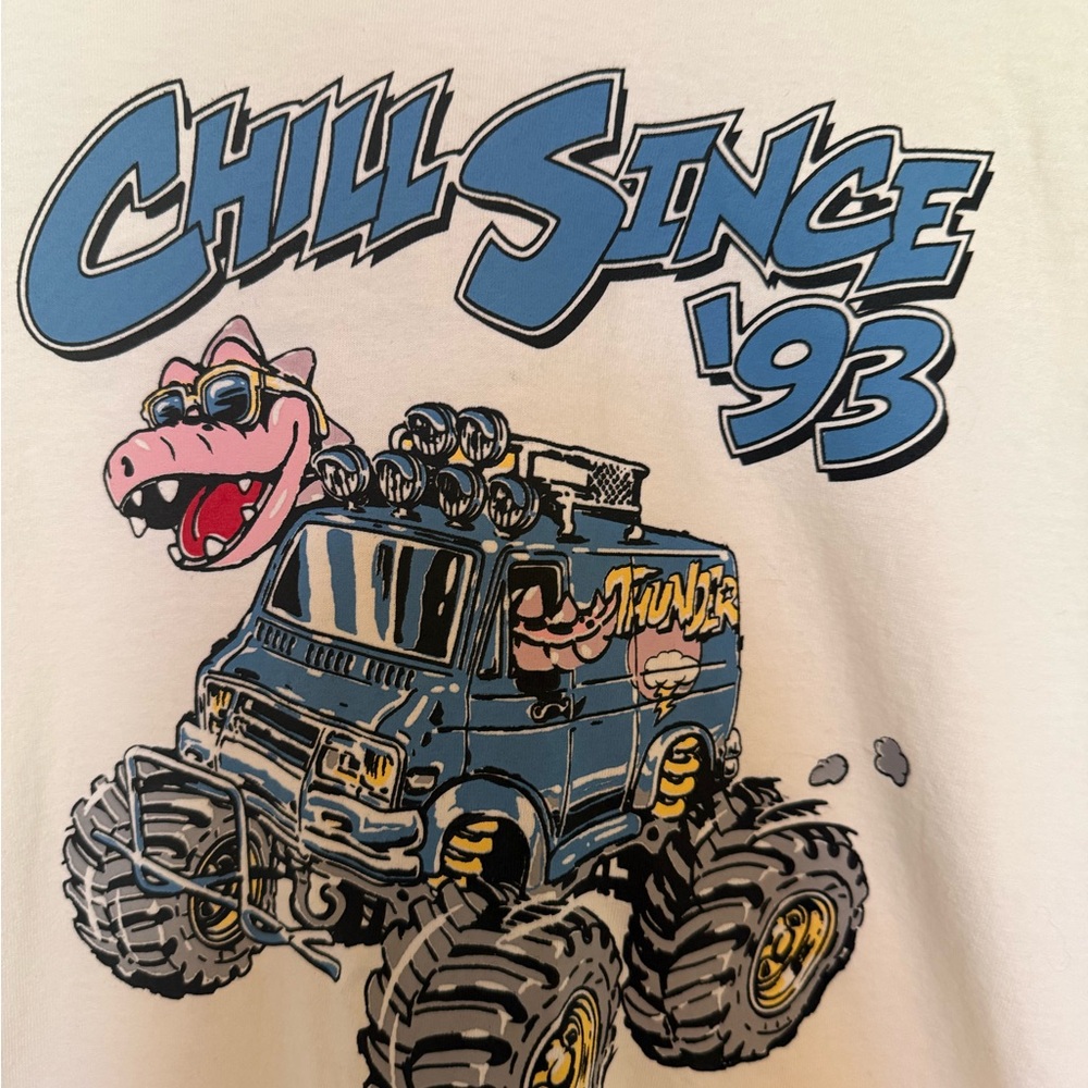 Brandy Melville White Tee with Blue & Pink Graphic 'Chill Since '93'